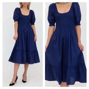 NEW Hill House  The Louisa‎ Nap Dress  Smocked Midi Dress Navy Cotton